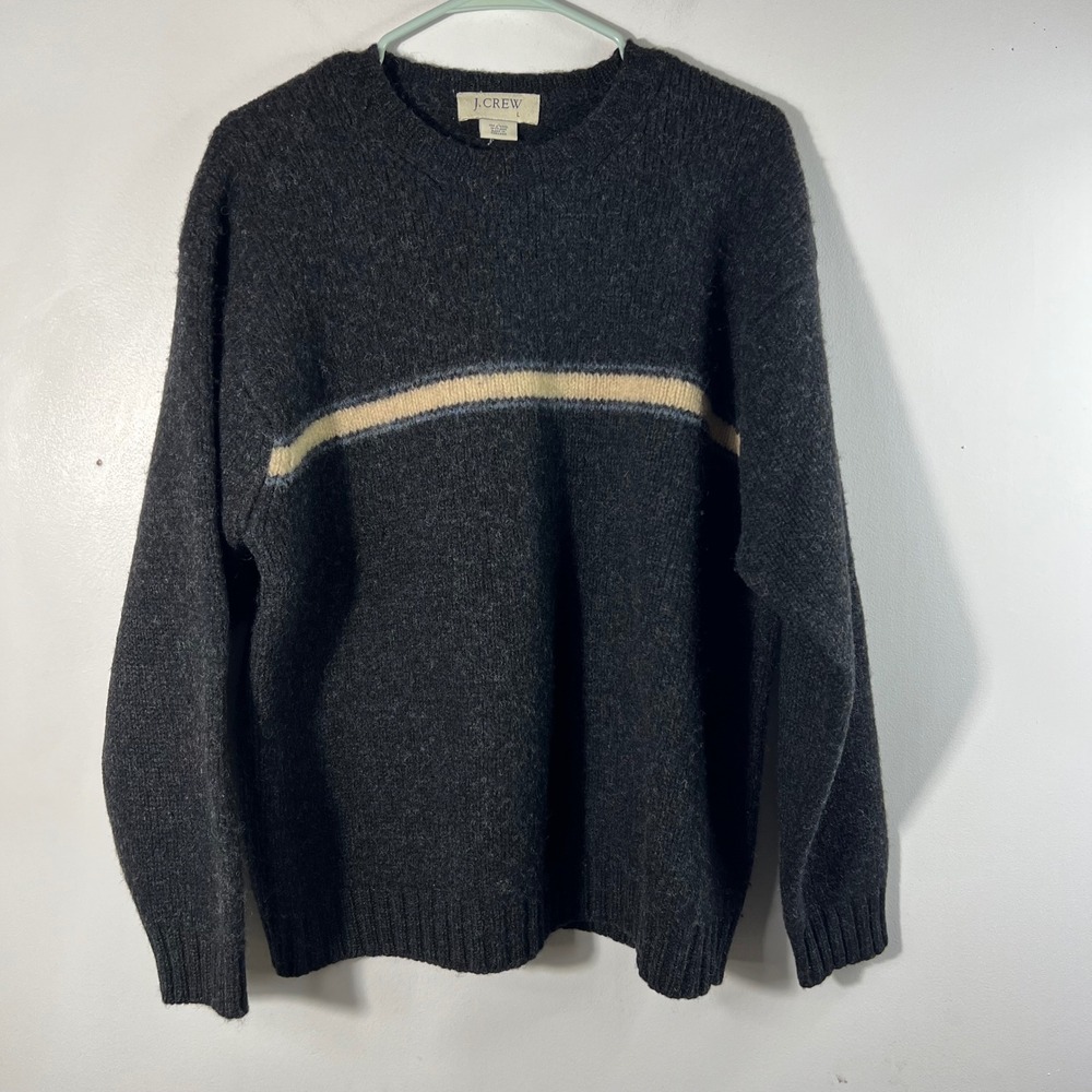 Mens J Crew Vintage 90s Shetland Wool Sweater Stripe L Gray Cream